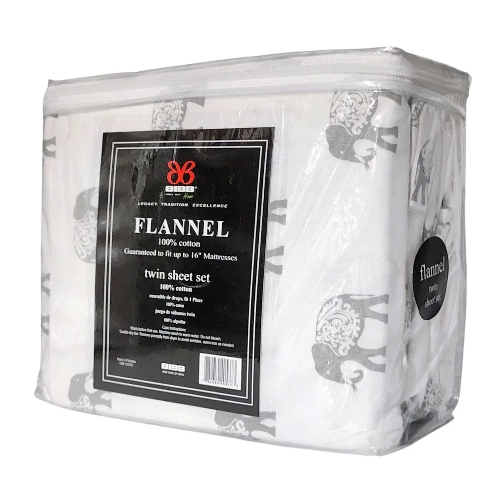 BIBB Home Twin Size Ivory Cotton Flannel‎ Sheet Set of 3pc With Gray Elephants